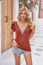 Treschic Contrast V-Neck Petal Sleeve Top Style T0777S