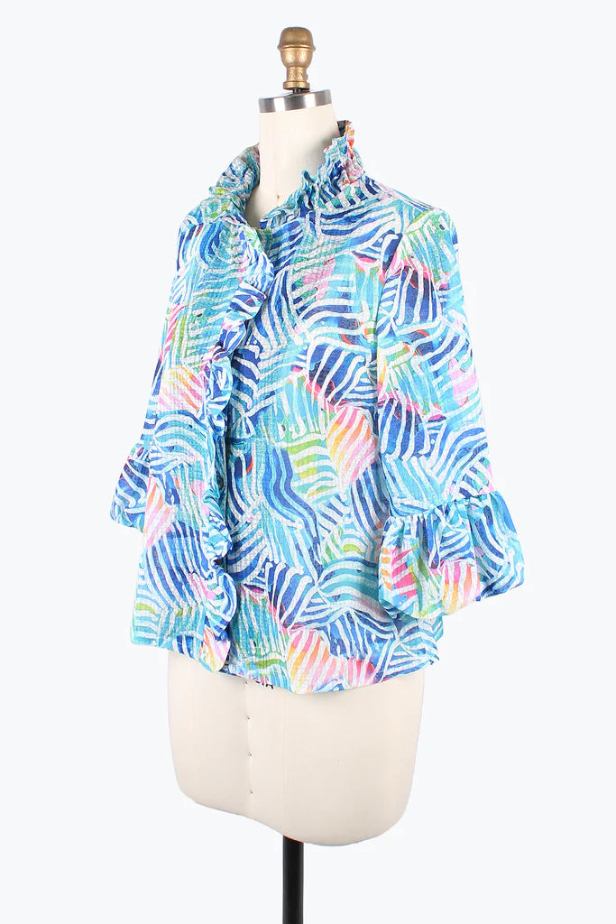 Damee Aquatic Wavy Stripe Ruffle Jacket 2404-BLU