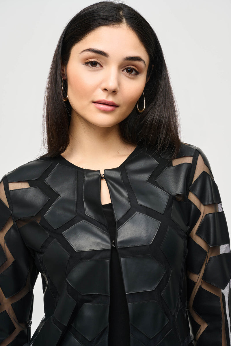 Joseph Ribkoff Laser-Cut Leatherette on Mesh Jacket 241905 Black