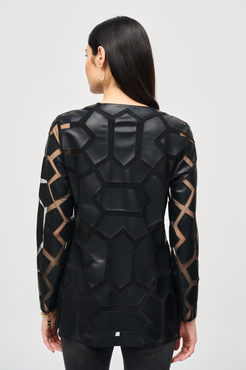 Joseph Ribkoff Laser-Cut Leatherette on Mesh Jacket 241905 Black