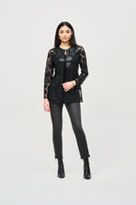 Joseph Ribkoff Laser-Cut Leatherette on Mesh Jacket 241905 Black