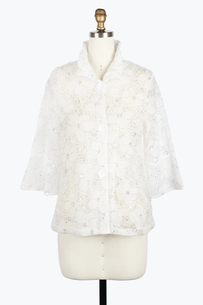 Damee 2420-WHT S25Beaded Flower Mesh Jacket