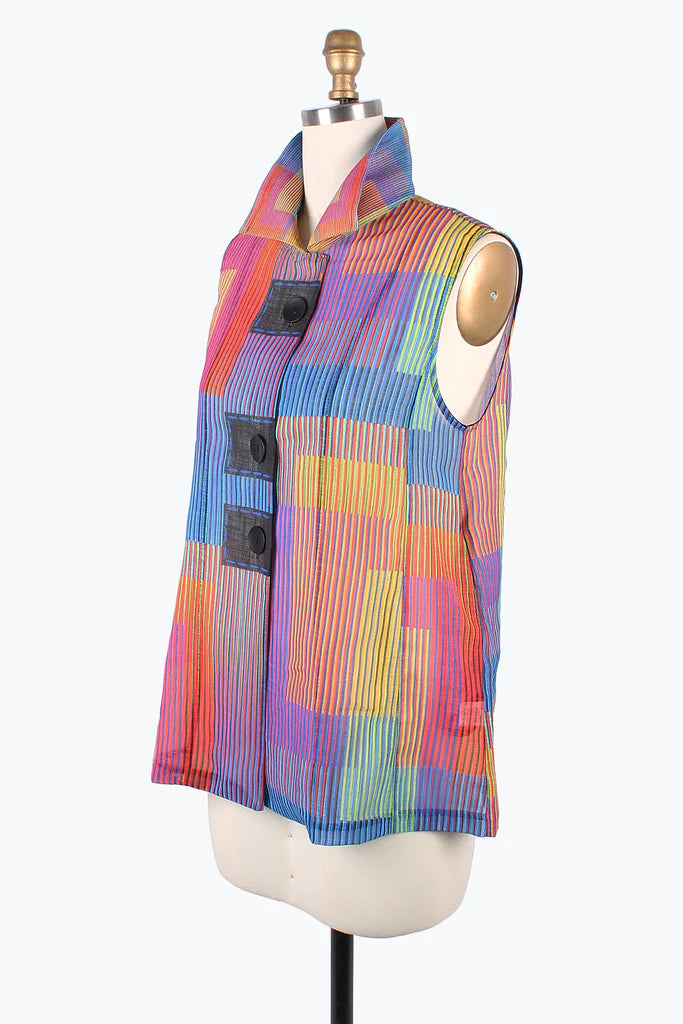 DameePinstripe Colorblock Button Patch Vest 3193-MLT