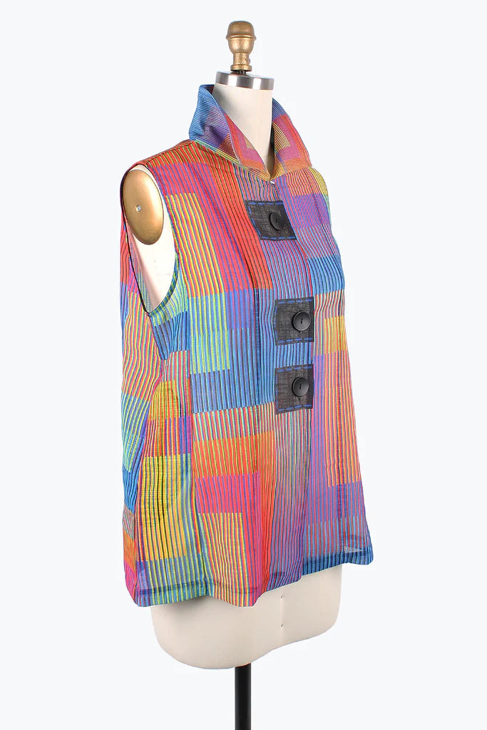 DameePinstripe Colorblock Button Patch Vest 3193-MLT