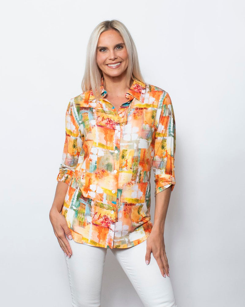 Snoskins Viscose Prints Johnny collar top with Rouched Elbow Sleeves Style 44583-24S