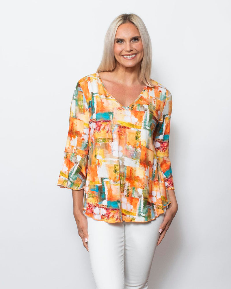 Snoskins Viscose Prints Johnny collar top with Rouched Elbow Sleeves Style 44583-24S