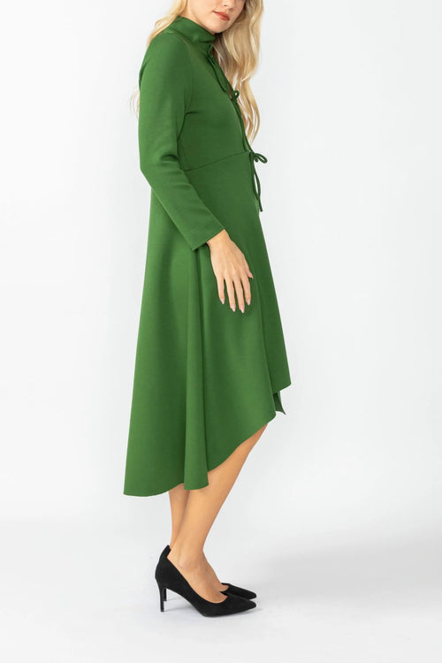 IC Collection Hunter Green Stand Collar Front Ribbon Detail Asymmetrical Dress 4746D