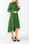 IC Collection Hunter Green Stand Collar Front Ribbon Detail Asymmetrical Dress 4746D