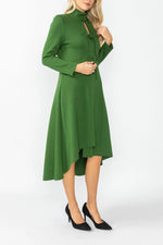 IC Collection Hunter Green Stand Collar Front Ribbon Detail Asymmetrical Dress 4746D