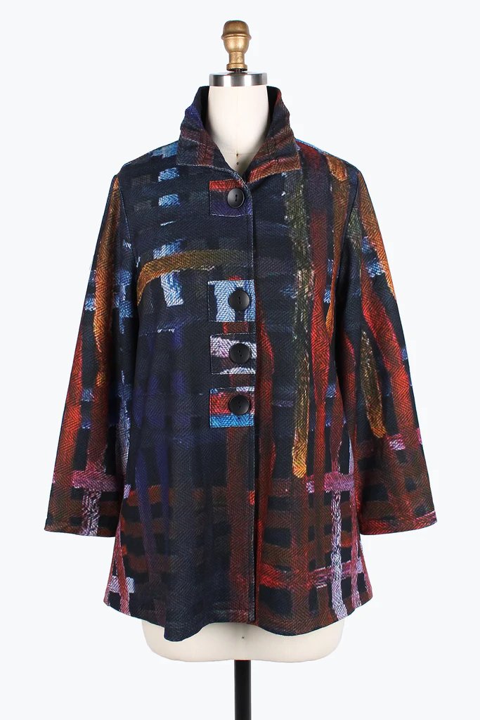 Damee Paint Stroke Plaid Button Patch Coat 4819-MLT