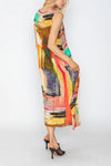 IC Collection SQAURE NECK DRESS W/ ABSTRACT PRINT Style 5783D