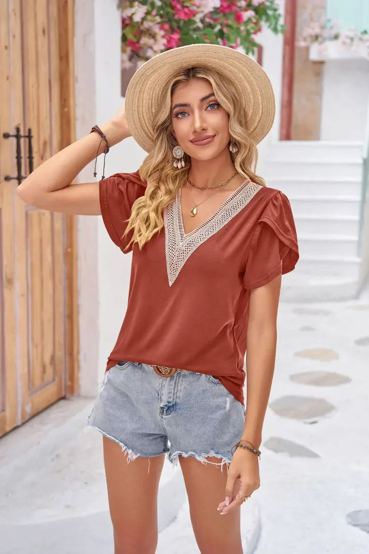 Treschic Contrast V-Neck Petal Sleeve Top Style T0777S