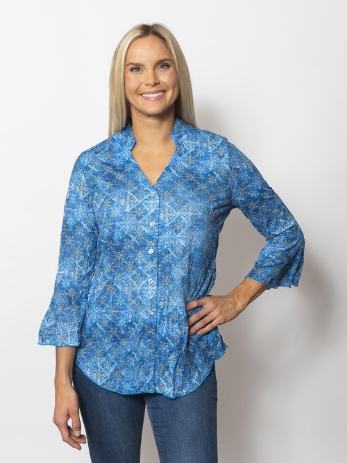 SnoSkins Printed Crinkle Mesh Sweetheart ButtonBlouse 89593-25S