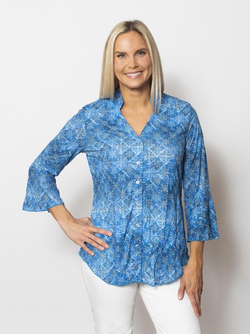 SnoSkins Printed Crinkle Mesh Sweetheart ButtonBlouse 89593-25S