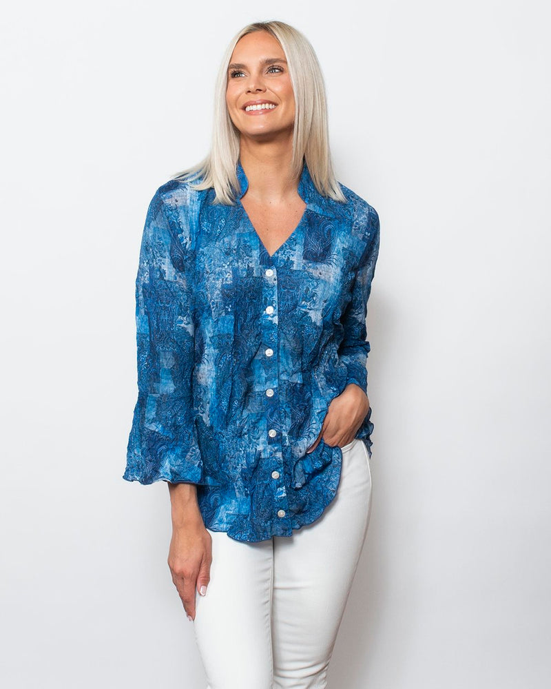 SnoSkins Printed Crinkle Mesh sweetheart Button Blouse 89593-24S