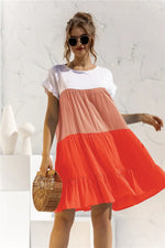 Treschic Color Block Round Neck Ruffle Hem Dress Style T3275S