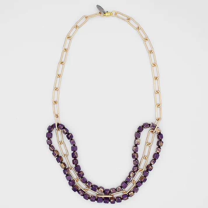 Sylca Purple Esther Wood and Chain Link Necklace SD24N02