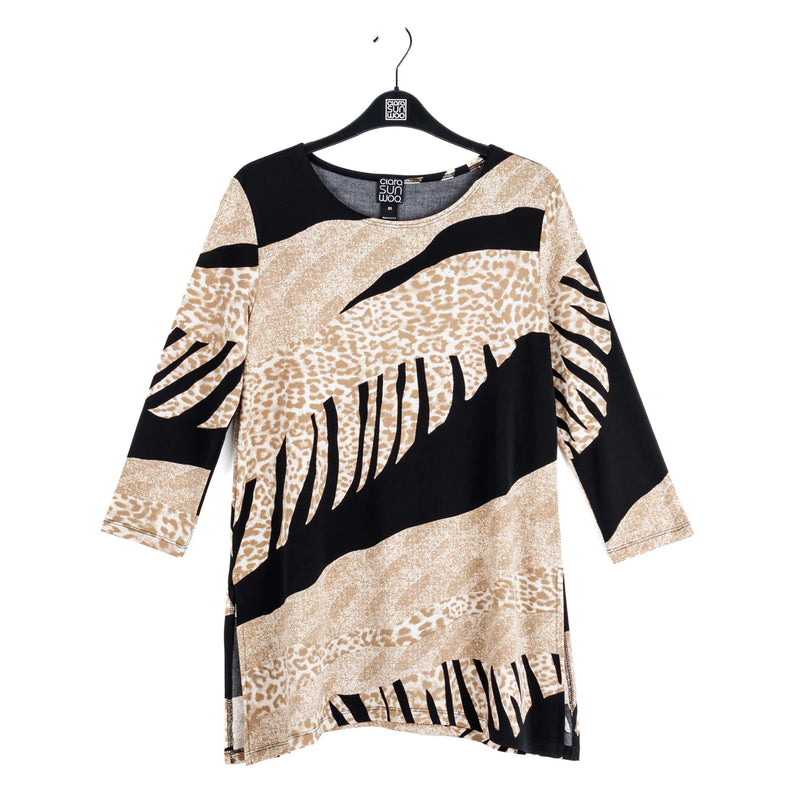 Clara Sun Woo Side Vent Kerchief Hem Tunic - Safari Patch