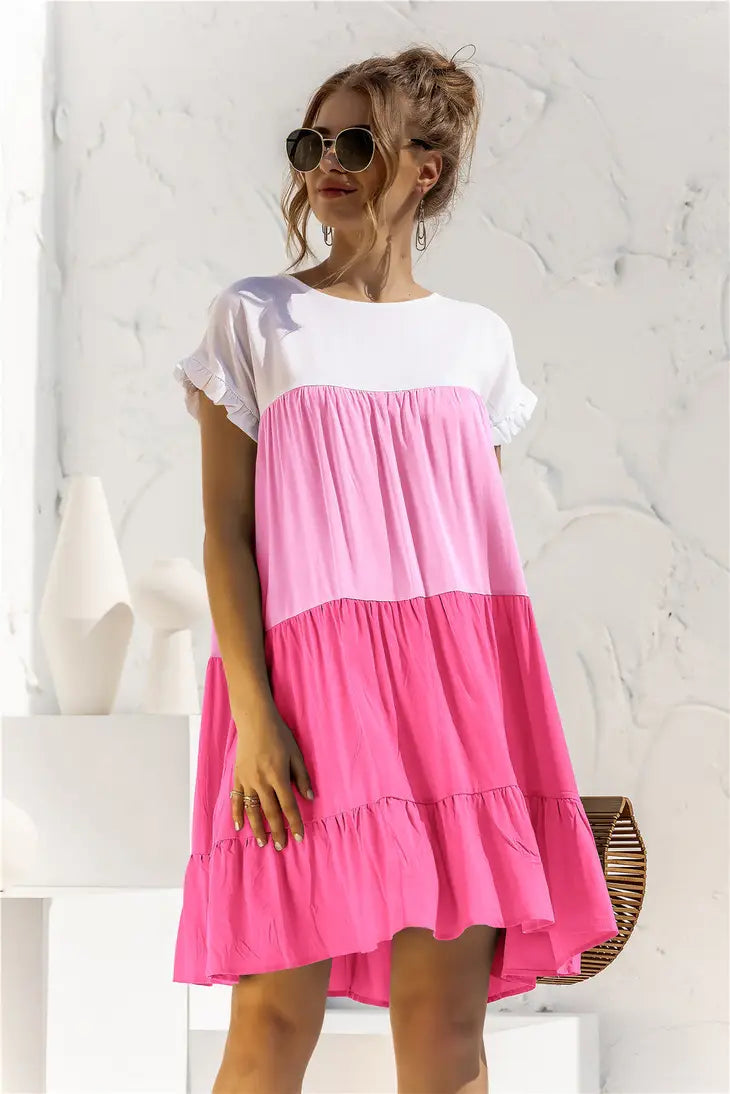 Treschic Color Block Round Neck Ruffle Hem Dress Style T3275S