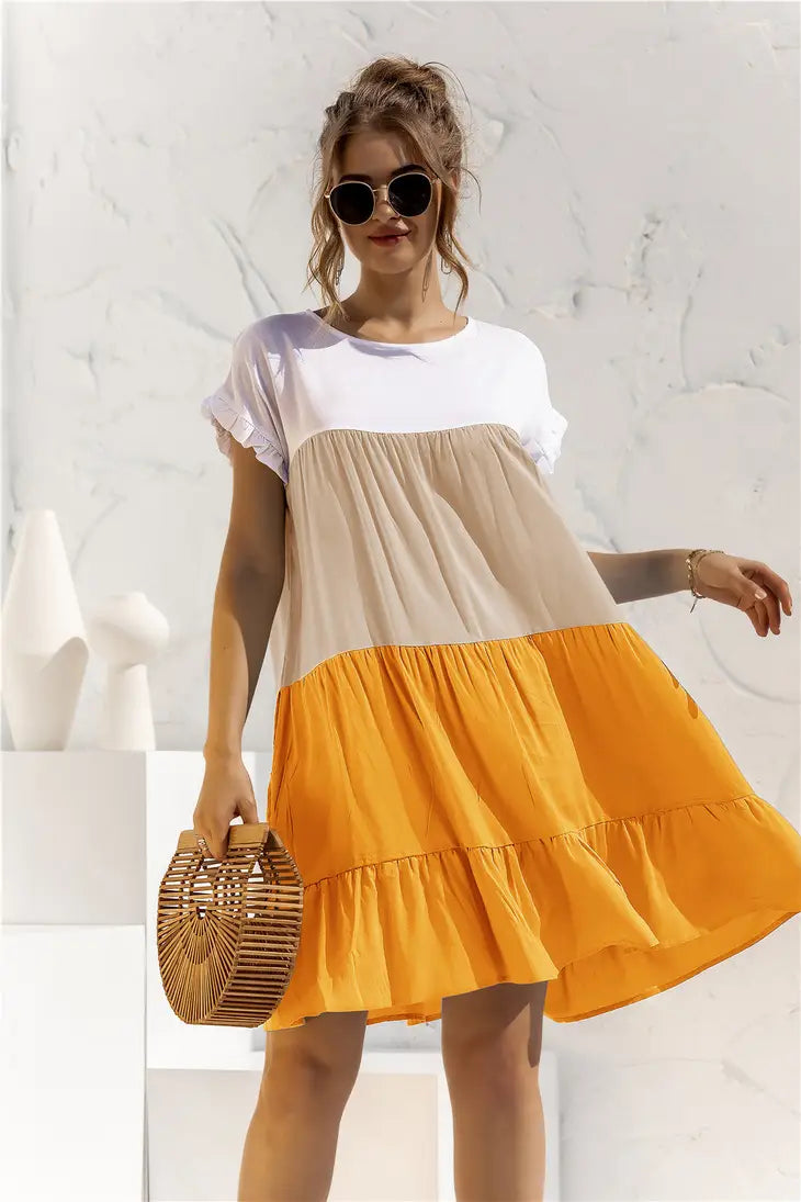 Treschic Color Block Round Neck Ruffle Hem Dress Style T3275S