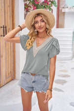 Treschic Contrast V-Neck Petal Sleeve Top Style T0777S