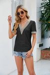 Treschic Contrast V-Neck Puff Sleeve Top Style T0793S