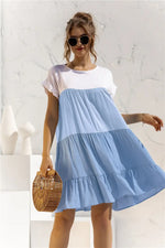 Treschic Color Block Round Neck Ruffle Hem Dress Style T3275S