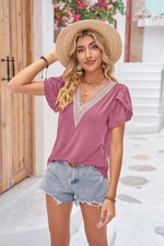 Treschic Contrast V-Neck Petal Sleeve Top Style T0777S