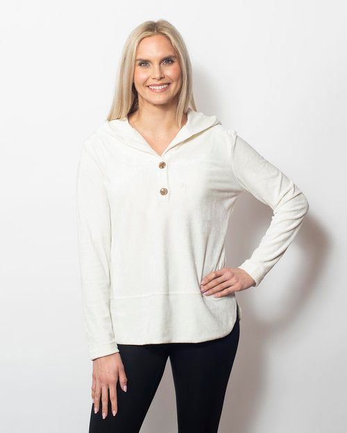 Snoskins Plush Microfleece V-Neck Pullover oversized fit, high low shaped hem Contrast Trim 82619-24F