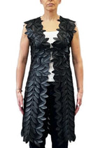 Laser cut Faux leather leaves on Mesh long Vest 220204