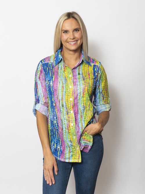 SnoSkins Printed Crinkle Mesh Sweetheart ButtonBlouse 89593-25S