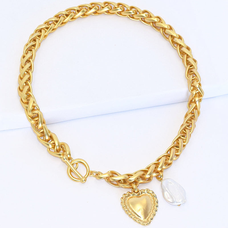 Karine Sultan Braided Link Necklace With Heart Pendant & Large Flat Pearl N72705