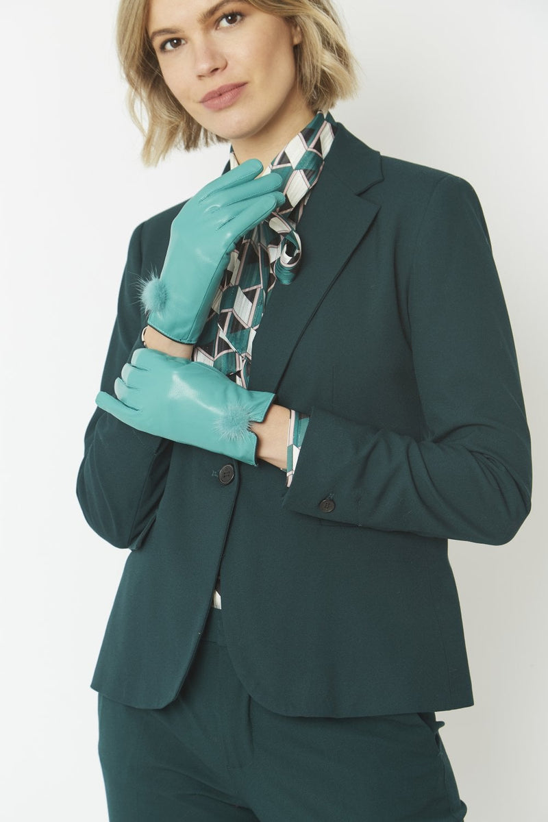 Jayley Leather Gloves with Mink Bobble- TURQUOISE